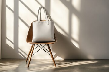 Stylish white canvas tote bag resting on a mid-century modern chair with soft shadows and warm natural light