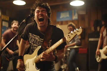 Guitarist passionately singing and playing an electric guitar during an energetic band rehearsal in a garage setting, full of creativity