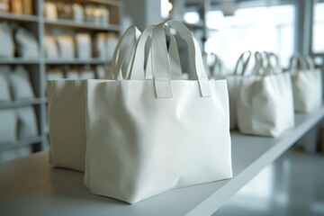 White Canvas Tote Bags on Display Shelf in Store Interior.Minimalist Eco-Friendly Packaging Mockup for Retail and Branding