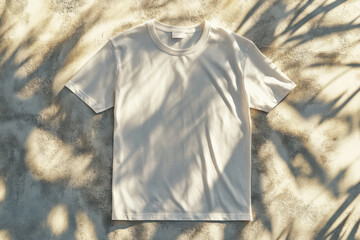 Empty white T-shirt photographed in soft daylight against a stylish gray stone background. Perfect for online store product displays, fashion catalog design