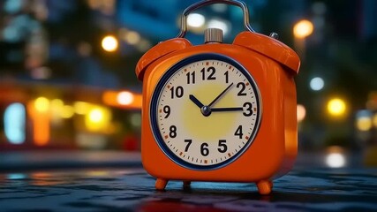 Illuminated Timepiece: Orange Alarm Clock Against Blurry Urban Night Backdrop - Powered by Adobe