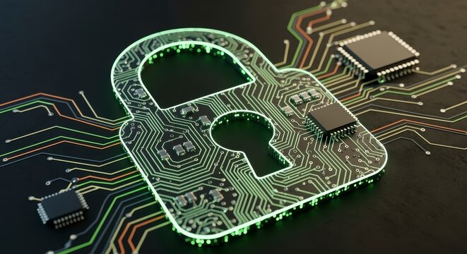 A glowing digital padlock on a circuit board represents cybersecurity and data protection in a technological environment. - Powered by Adobe
