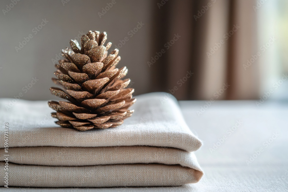 Poster golden glitter pine cone resting on a stack of folded linen napkins, creating a festive and minimali