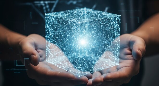 A glowing digital cube made of interconnected nodes hovers above open hands in a dark environment, symbolizing futuristic technology and data innovation.