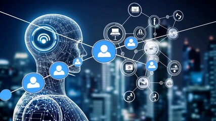 Artificial Intelligence Connects People in a Digital Network with Cityscape Background - Powered by Adobe
