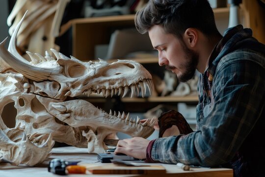 Focused craftsman meticulously restoring a mythical creature skull in a well equipped studio, showcasing passion and skilled craftsmanship