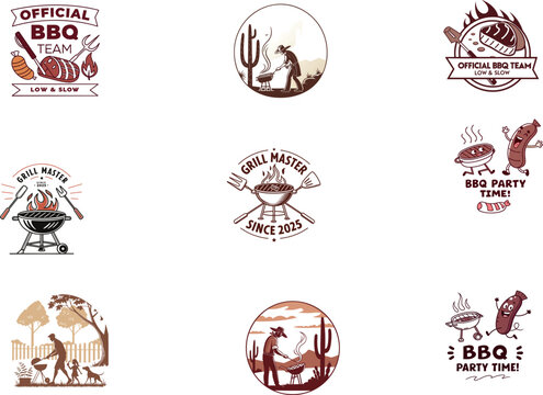 "BBQ Party" Slogan with Grill, Sausages, Spatulas, and Flames Design