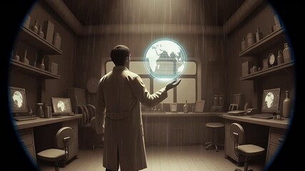 A scientist in a dimly lit lab holds a glowing holographic Earth, contemplating global issues. - Powered by Adobe