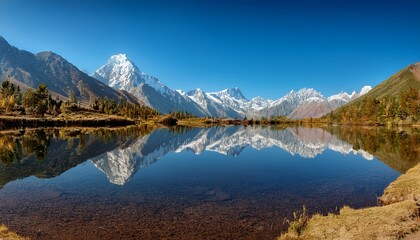 majestic mountain peaks mirrored in tranquil lake waters under clear blue skies