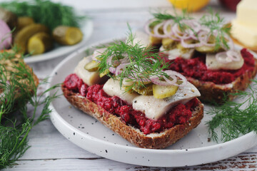Scandinavian sandwiches with herring and beetroot	