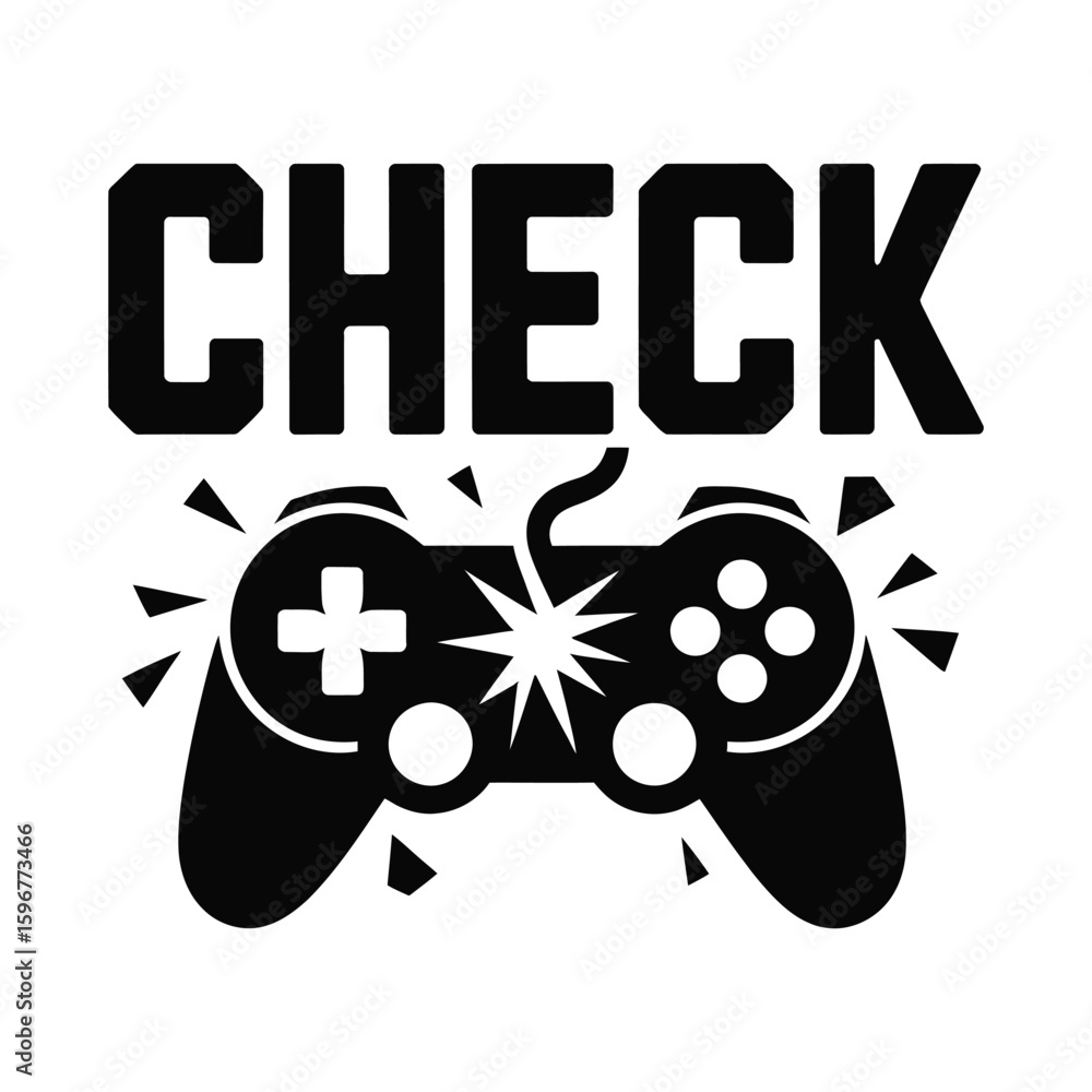 Poster video game controller silhouette with check text isolated on white background