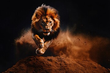 Majestic lion jumping with intense power, creating a dramatic dust cloud against a dark background