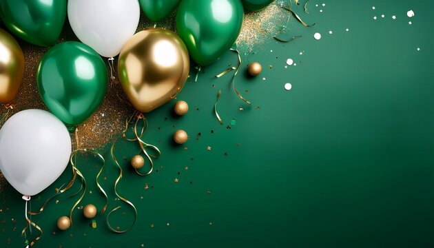 beautiful happy birthday green color background with golden green white ballons and confetti celebration party new year christmas xmas greeting card