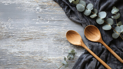 Rustic wooden spoons on distressed grey wood with eucalyptus flat lay