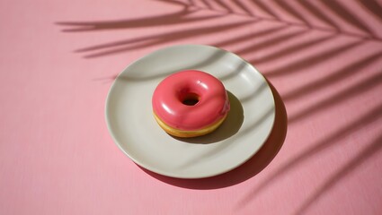 Delicious pink donut on a plate with shadow, food photography, sweet treat, dessert