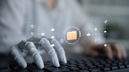 AI artificial intelligence assists digital folder management with smart sorting, cloud structure analysis, and virtual assistant access for workflow efficiency. Latch