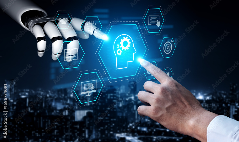Poster ai or human-driven skill acquisition and training with icons of knowledge, goals, task management, a
