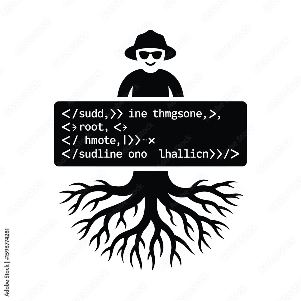 Poster hacker with tree of code silhouette isolated on white background