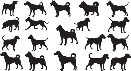 A black vector illustration set of running horse and dog silhouettes