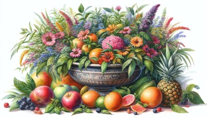Floral Fruit Bowl Still Life with Colorful Flowers and Fresh Tropical Fruits