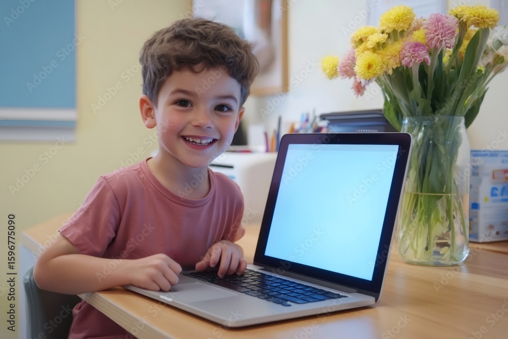 Poster young student using laptop computer for online learning at home, smiling and looking towards camera 