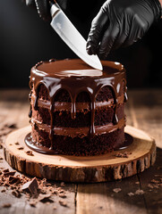 Obraz premium A knife is cutting a chocolate cake