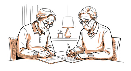 Two elderly men writing notes together at a table indoors  