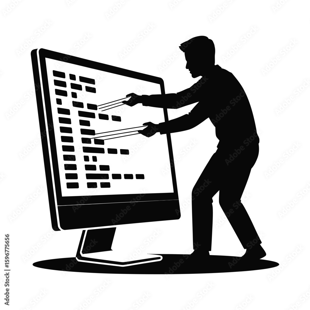 Poster programmer working on a large computer screen silhouette isolated on white background