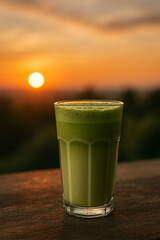 Chilled Green Detox Matcha Smoothie with Sunset Glow in the Background On Wooden Table