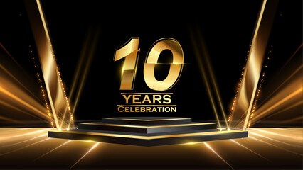10 Years Celebration Award Background. Recognition Ceremony. Birthday Occation  Achievement. Premium Elegant Graphics. Event Entertainment Spot Light Hollywood Template  Luxury Premium Corporate. 