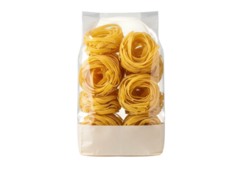 Clear plastic bag filled with nests of yellow fettuccine pasta on tagliatelle food