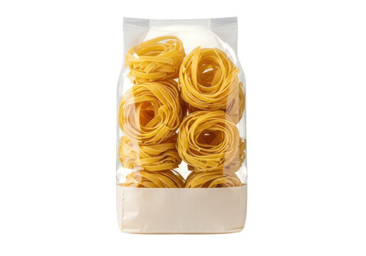 Clear plastic bag filled with nests of yellow fettuccine pasta on tagliatelle food
