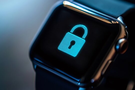 Pixelated glowing padlock icon displayed on smartwatch screen, symbolizing data protection and access control in wearable technology