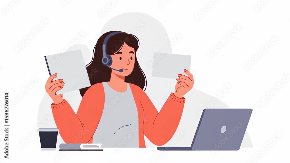 Poster flat vector a woman working in a call center is holding papers and using a laptop to provide custome