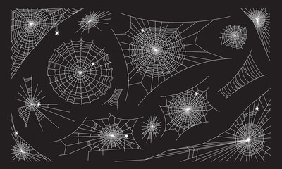Spider Web Silhouette Collection with Spiders on Black Background