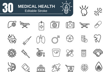 Medical Heart Line Icon Set – Linear Style Vector Collection of Healthcare, Hospital, Ambulance, Doctor, Patient, Blood, Treatment, Medicine and Emergency Care Symbols