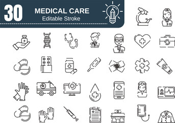 Naklejka premium Medical Heart Line Icon Set – Linear Style Healthcare, Hospital, Treatment, and Emergency Vector Symbols