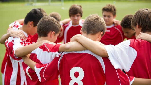 Youth Soccer Team Huddle: Teamwork, Unity, and Victory