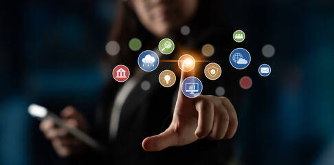 Set of business and digital service icons representing finance, cloud, analytics, email,...