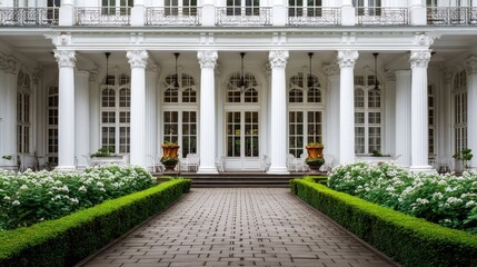 White colonnaded building with a paved courtyard and flowerbeds.
