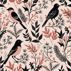 Elegant Seamless Pattern with Black Birds and Blush Pink Flowers