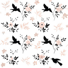 Seamless Pattern Black Birds and Botanicals Peach Background