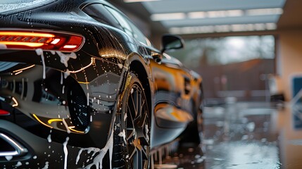 Fototapeta premium Black Sports Car Washing Soap Suds Detail