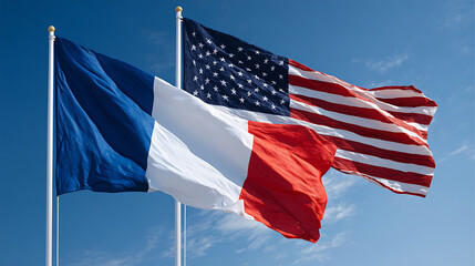 French and American Flags in the Wind 