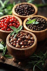 Aromatic Spices in Wooden Bowls: A Culinary Delight