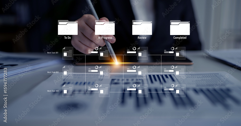 Poster task workflow system showing document progress through stages. task tracking improves productivity, 
