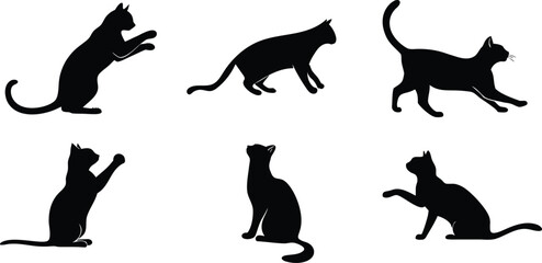 Collection of black cat silhouettes in various poses, vector illustration of playful and sitting cats on white background, 
