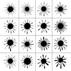 Obraz premium Collection of sixteen black ink splatters on white background ink splash paint splatter