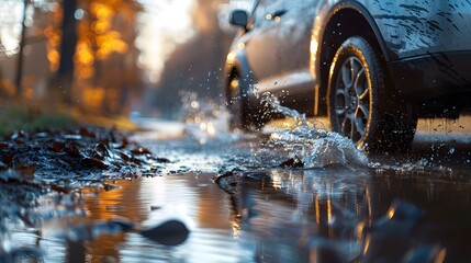 Car Splashing Through Puddle on Wet Autumn Road