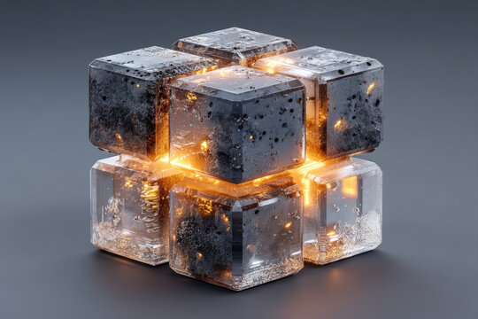 Hyper-realistic isometric 3d cube with orange glow on dark grey background